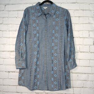 EN CREME MENS BUTTON DOWN LONG SLEEVE BLUE AND GRAY AZTEC DESIGN , SIZE MED